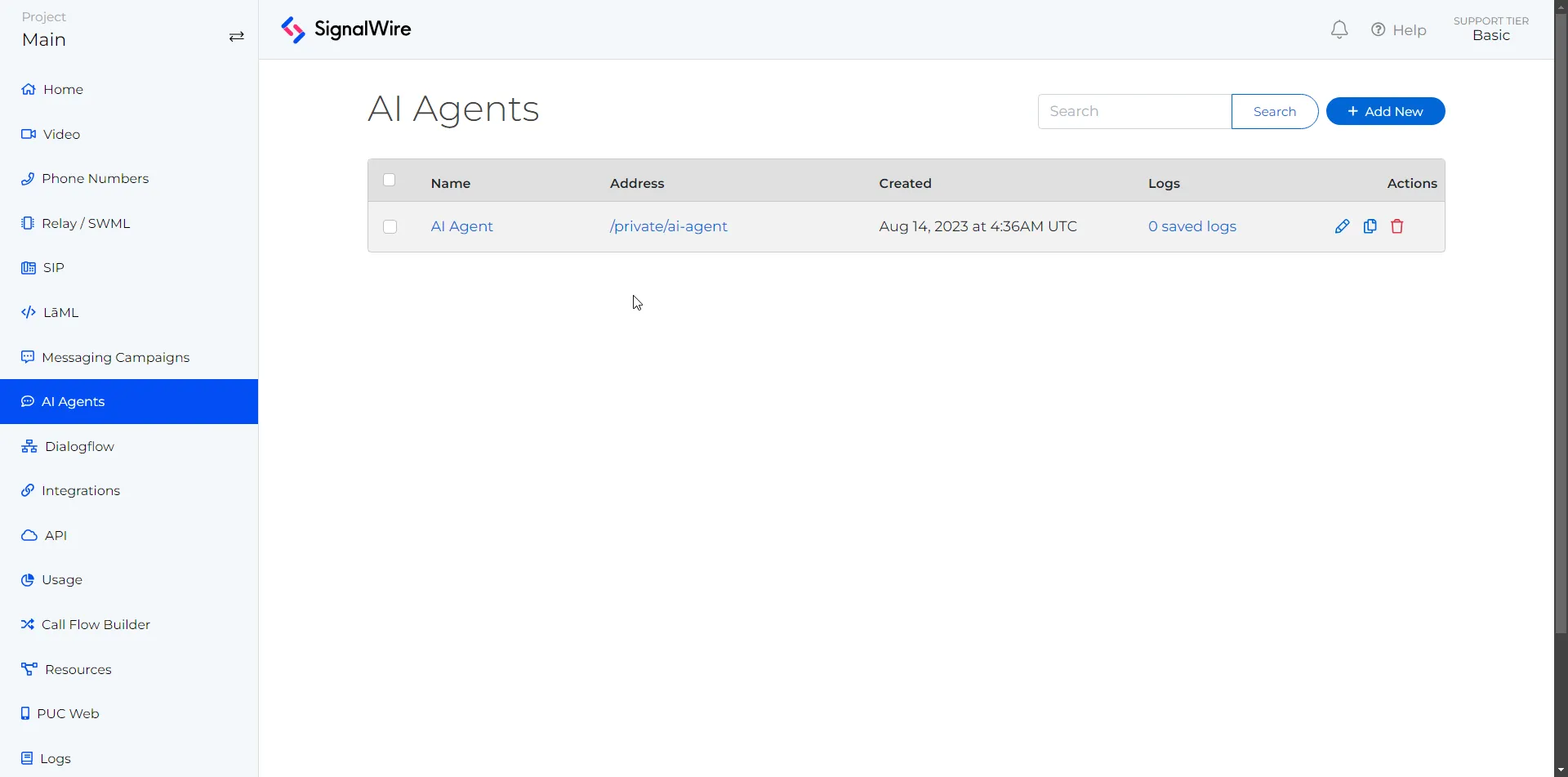 The AI Agents page showing a list of AI agents in table format, displaying the Name, Address, Created, Logs and Actions. There is a blue button labeled 'Add New'.